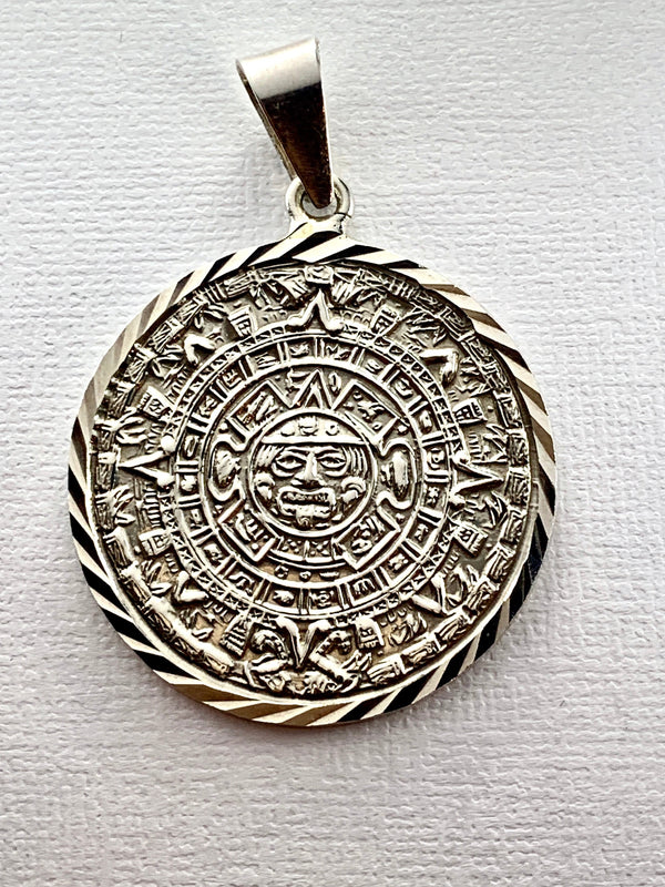Aztec Calendar Mayan Sun Charm Pendant Diamond Cuts