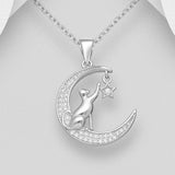 Sparkling Cat, Moon and Star Pendant Necklace
