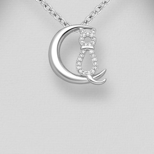 Stunning Silver Cat and Moon Pendant Necklace