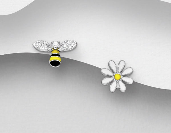 Sterling Silver Bee and Flower Earrings