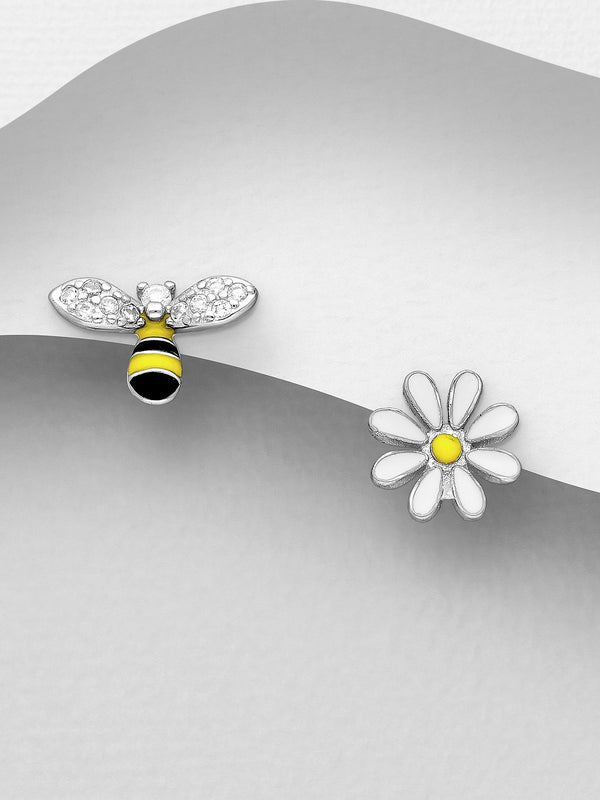 Sterling Silver Bee and Flower Earrings