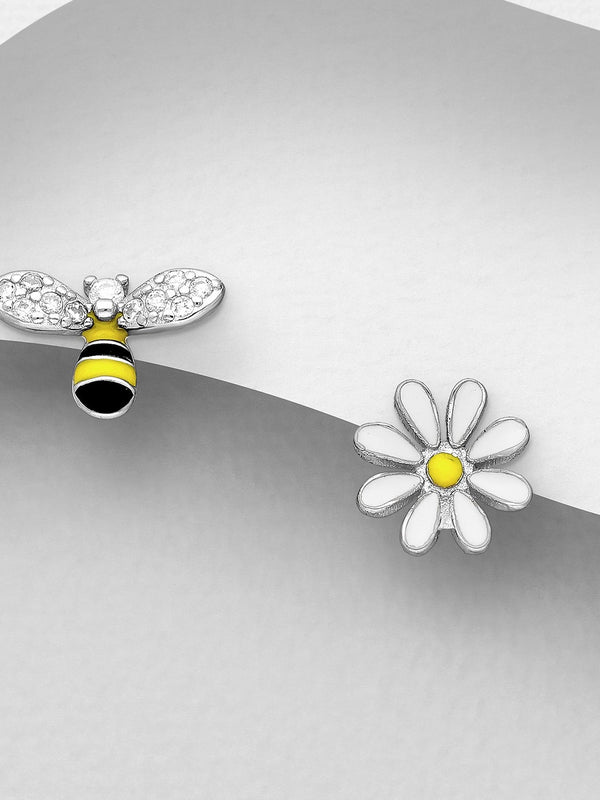 Sterling Silver Bee and Flower Earrings