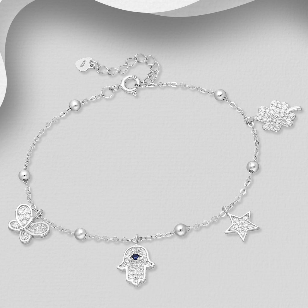 Charms Butterfly, Clover, Hamsa and Star Bracelet
