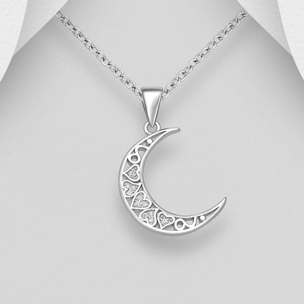 Sparkling Heart and Moon Pendant Necklace