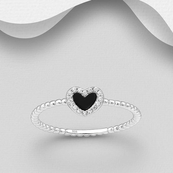 Sterling Silver Heart Ring, Decorated with Resin and CZ Diamonds