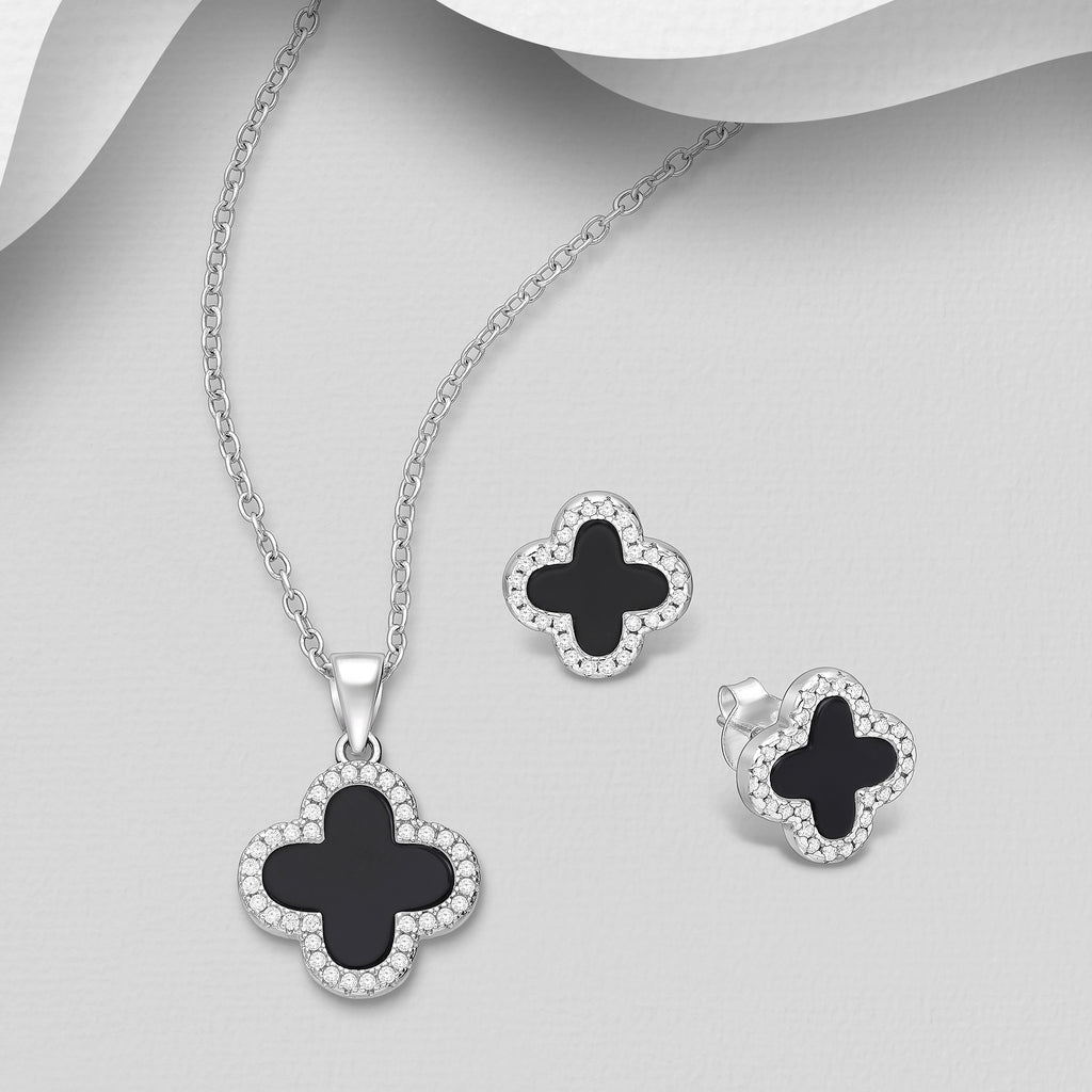 Sterling Silver Clover Earrings and Necklace Jewelry Set