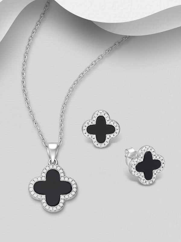 Sterling Silver Clover Earrings and Necklace Jewelry Set