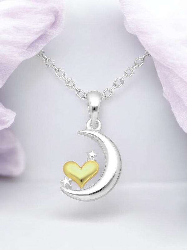 Sparkling Moon and Heart Pendant Necklace