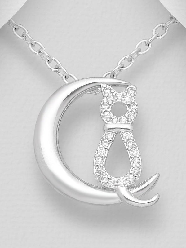 Stunning Silver Cat and Moon Pendant Necklace