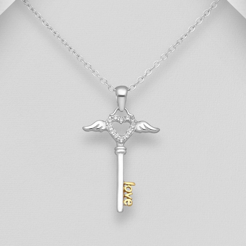 Sparkling Key Heart, Wings and "Love" Pendant Necklace