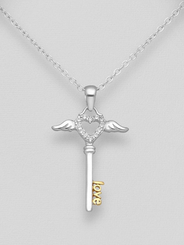 Sparkling Key Heart, Wings and "Love" Pendant Necklace