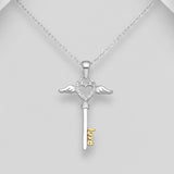Sparkling Key Heart, Wings and "Love" Pendant Necklace