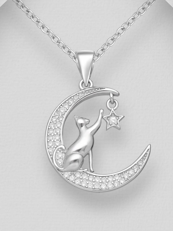 Sparkling Cat, Moon and Star Pendant Necklace