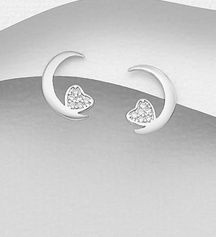 Sterling Silver Heart and Moon Earrings Decorated with CZ Diamonds.