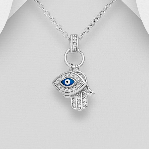 Sterling Silver Hamsa, All-seeing Eye Pendant Necklace