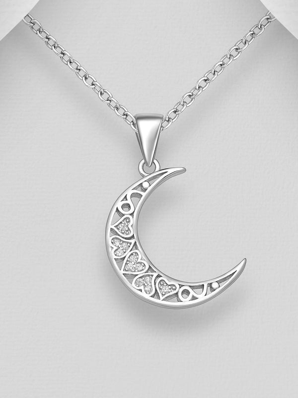 Sparkling Heart and Moon Pendant Necklace
