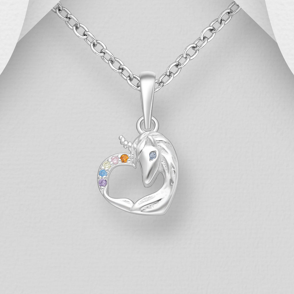 Sterling Silver Heart and Unicorn Necklace