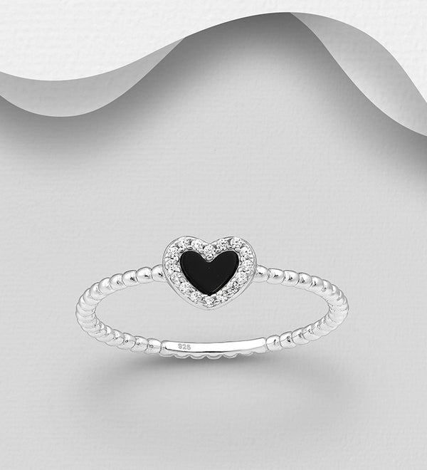 Sterling Silver Heart Ring, Decorated with Resin and CZ Diamonds
