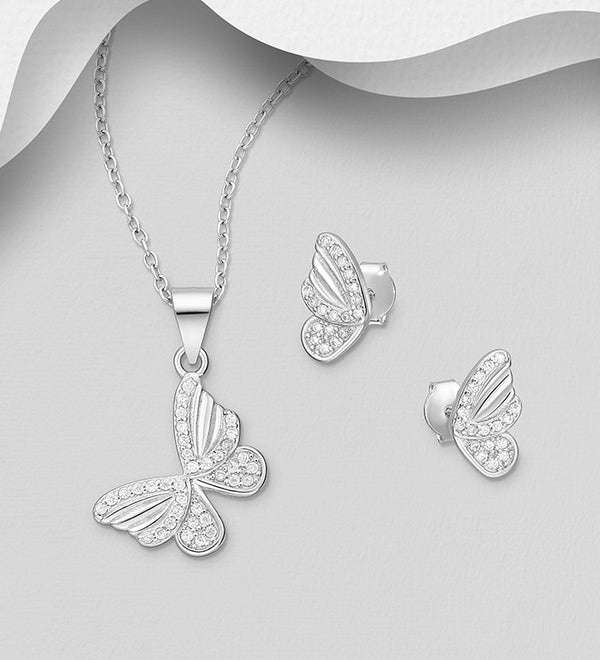 Sterling Silver Butterfly Push-Back Earrings and Pendant Jewelry Set
