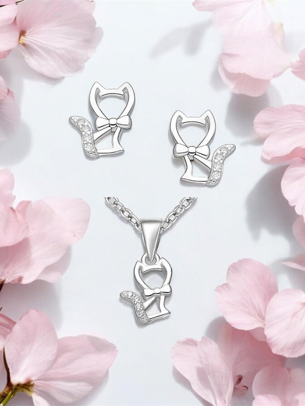Sterling Silver Earrings and Necklace Cat Jewelry Set