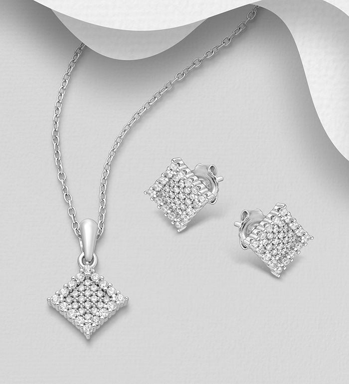 Sterling Silver Square Earrings and Necklace Jewelry Set