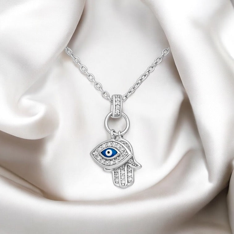 Sterling Silver Hamsa, All-seeing Eye Pendant Necklace