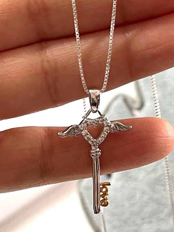 Sparkling Key Heart, Wings and "Love" Pendant Necklace