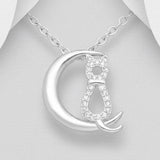 Stunning Silver Cat and Moon Pendant Necklace